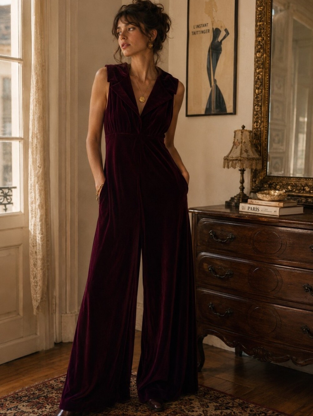 Wide-Leg Vintage Velvet Jumpsuit in Deep Burgundy